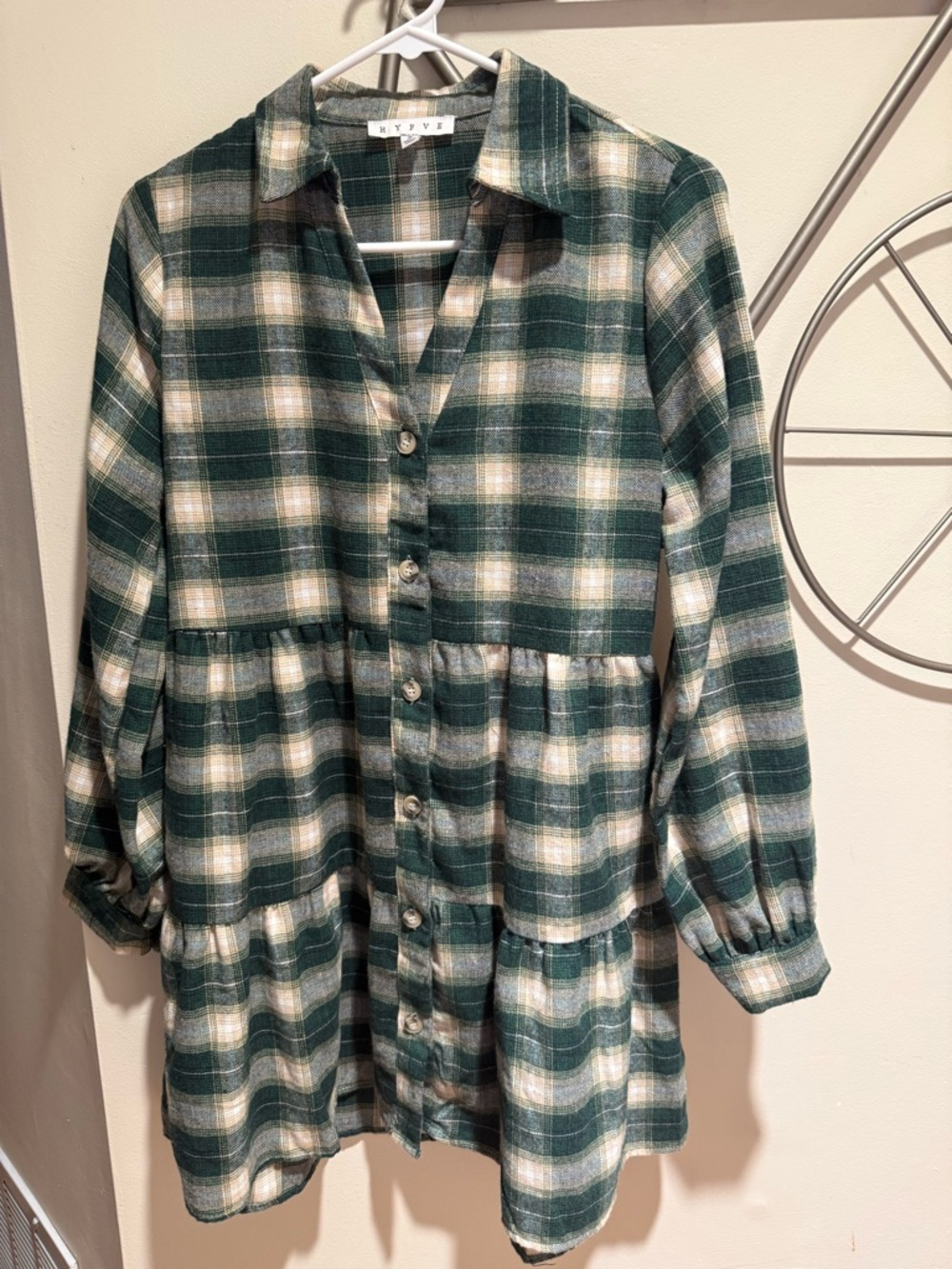 HYFVE Green & Cream Plaid Button-Front Tunic Dress Size S Cotton Blend